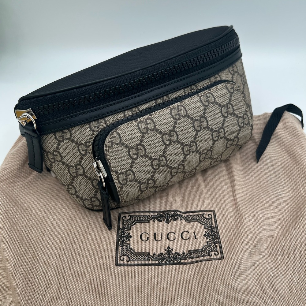 Gucci Beige Brown GG Canvas Waist Bag with Black Trim